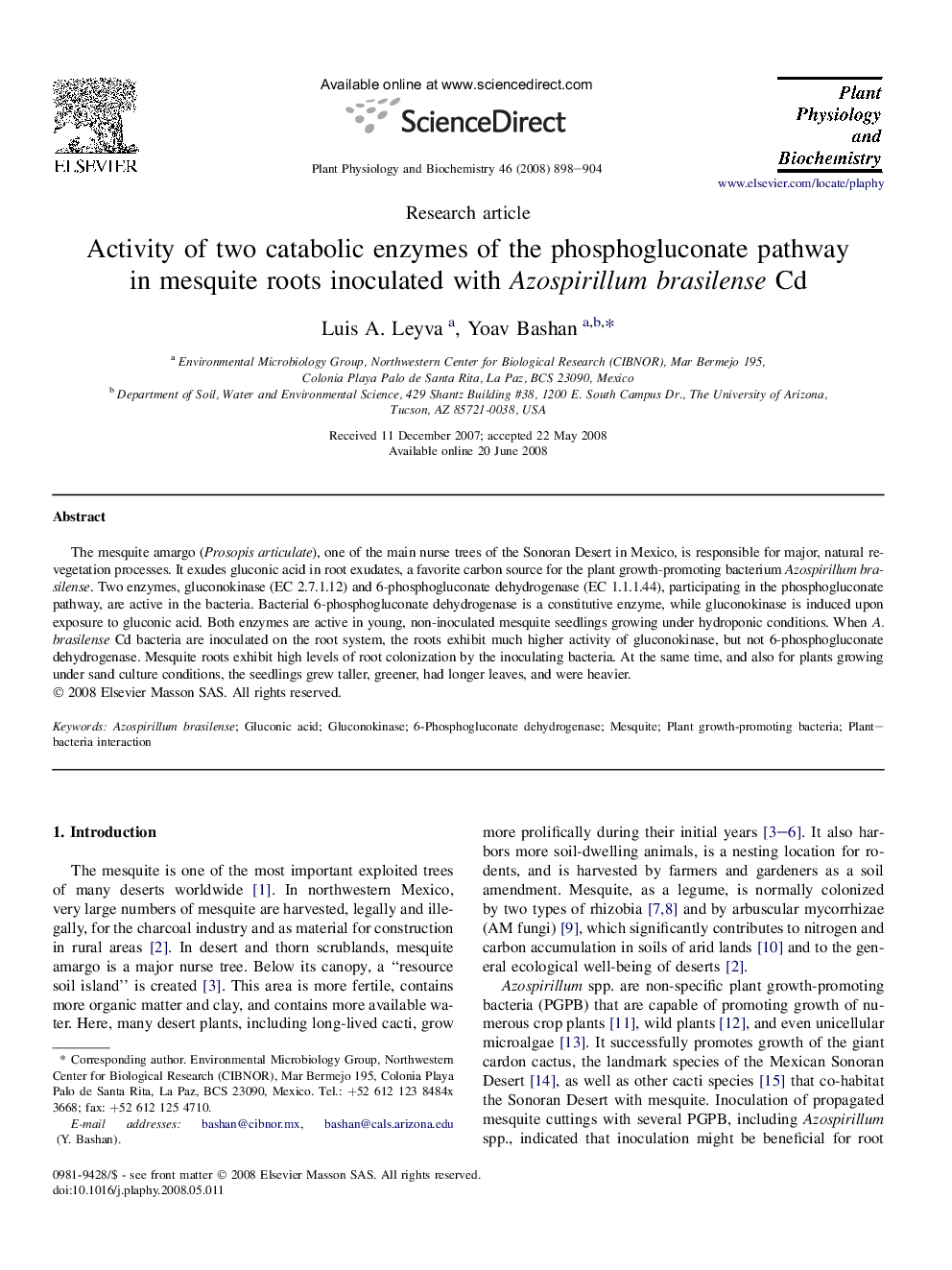 Activity of two catabolic enzymes of the phosphogluconate pathway in mesquite roots inoculated with Azospirillum brasilense Cd