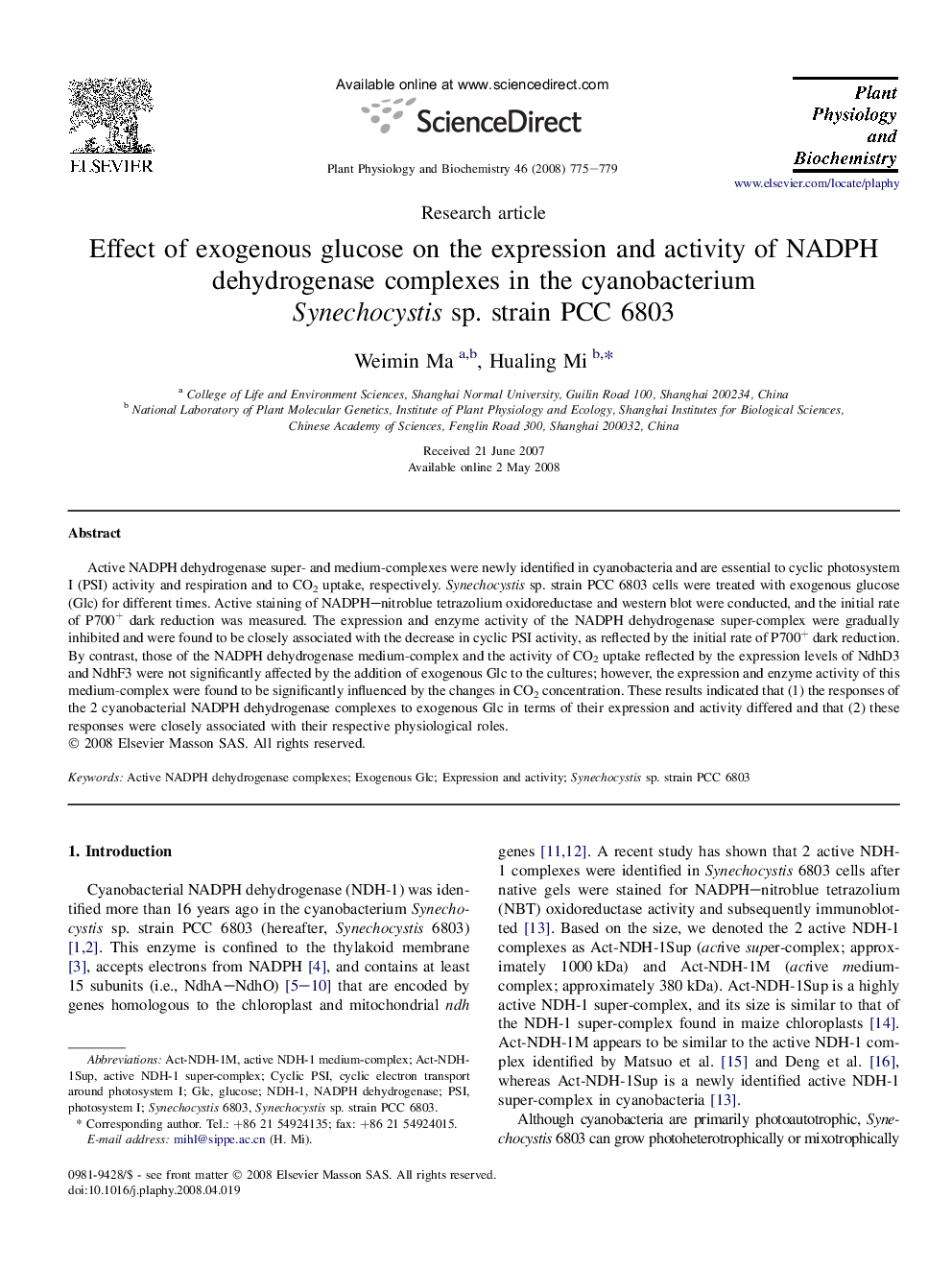 Effect of exogenous glucose on the expression and activity of NADPH dehydrogenase complexes in the cyanobacterium Synechocystis sp. strain PCC 6803