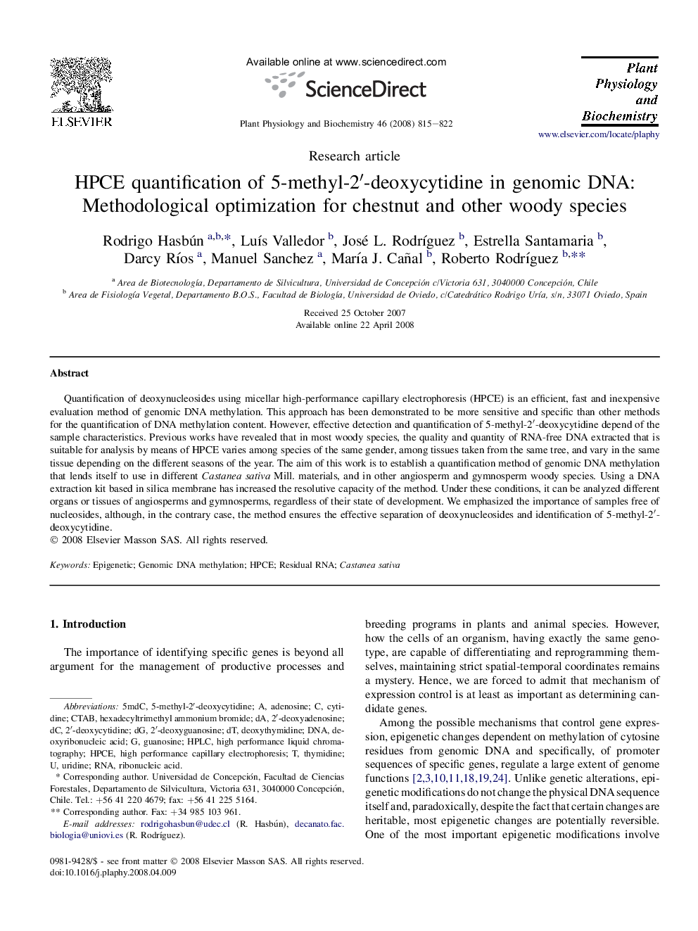 HPCE quantification of 5-methyl-2â²-deoxycytidine in genomic DNA: Methodological optimization for chestnut and other woody species