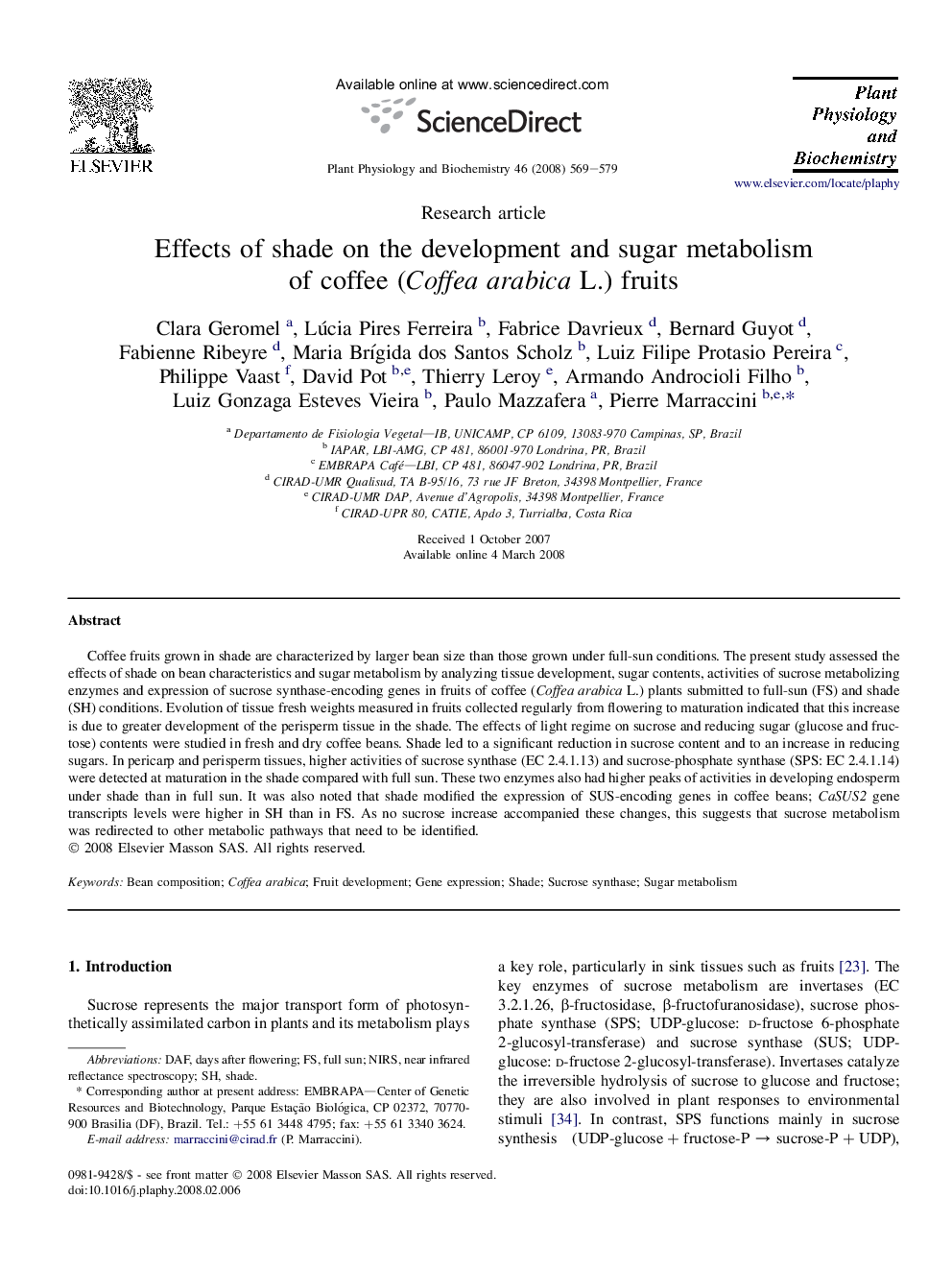 Effects of shade on the development and sugar metabolism of coffee (Coffea arabica L.) fruits