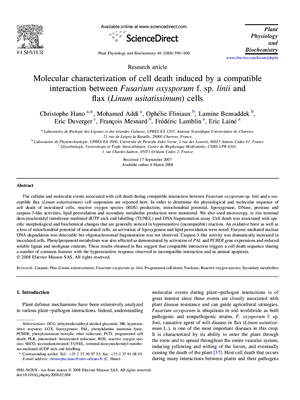 Molecular characterization of cell death induced by a compatible interaction between Fusarium oxysporum f. sp. linii and flax (Linum usitatissimum) cells