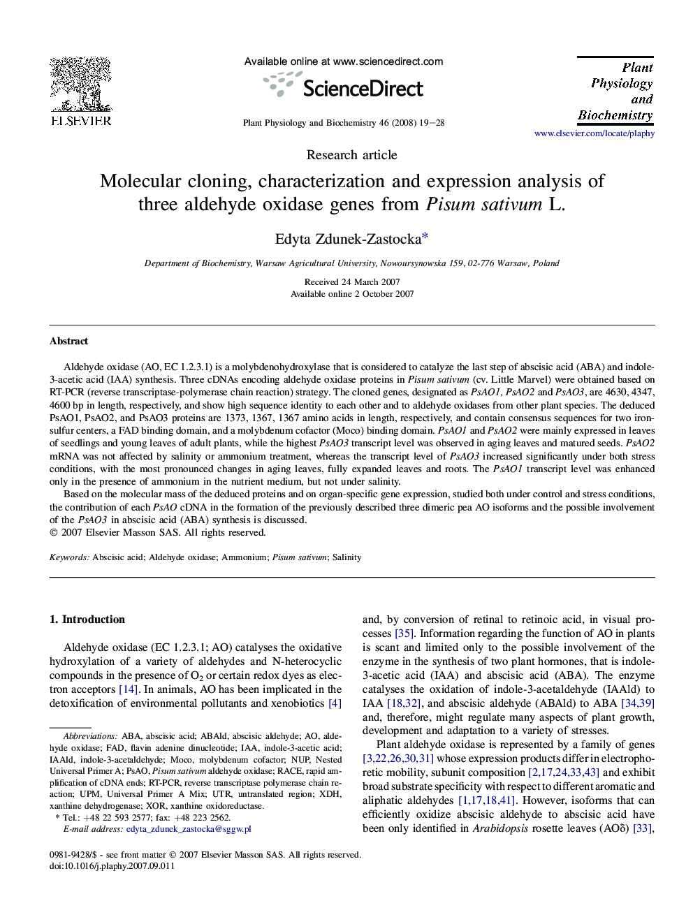 Molecular cloning, characterization and expression analysis of three aldehyde oxidase genes from Pisum sativum L.