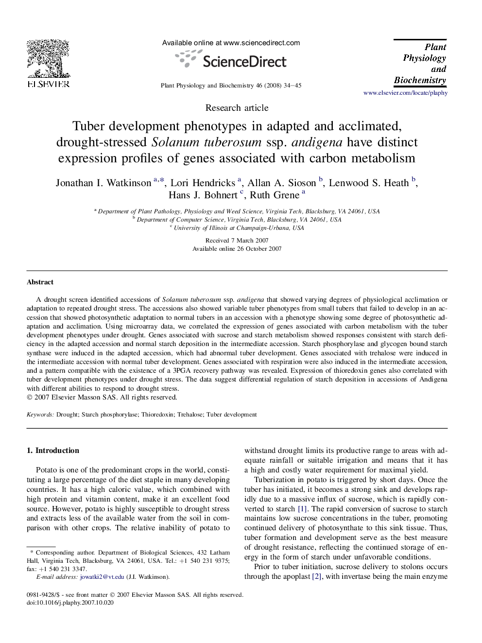 Tuber development phenotypes in adapted and acclimated, drought-stressed Solanum tuberosum ssp. andigena have distinct expression profiles of genes associated with carbon metabolism