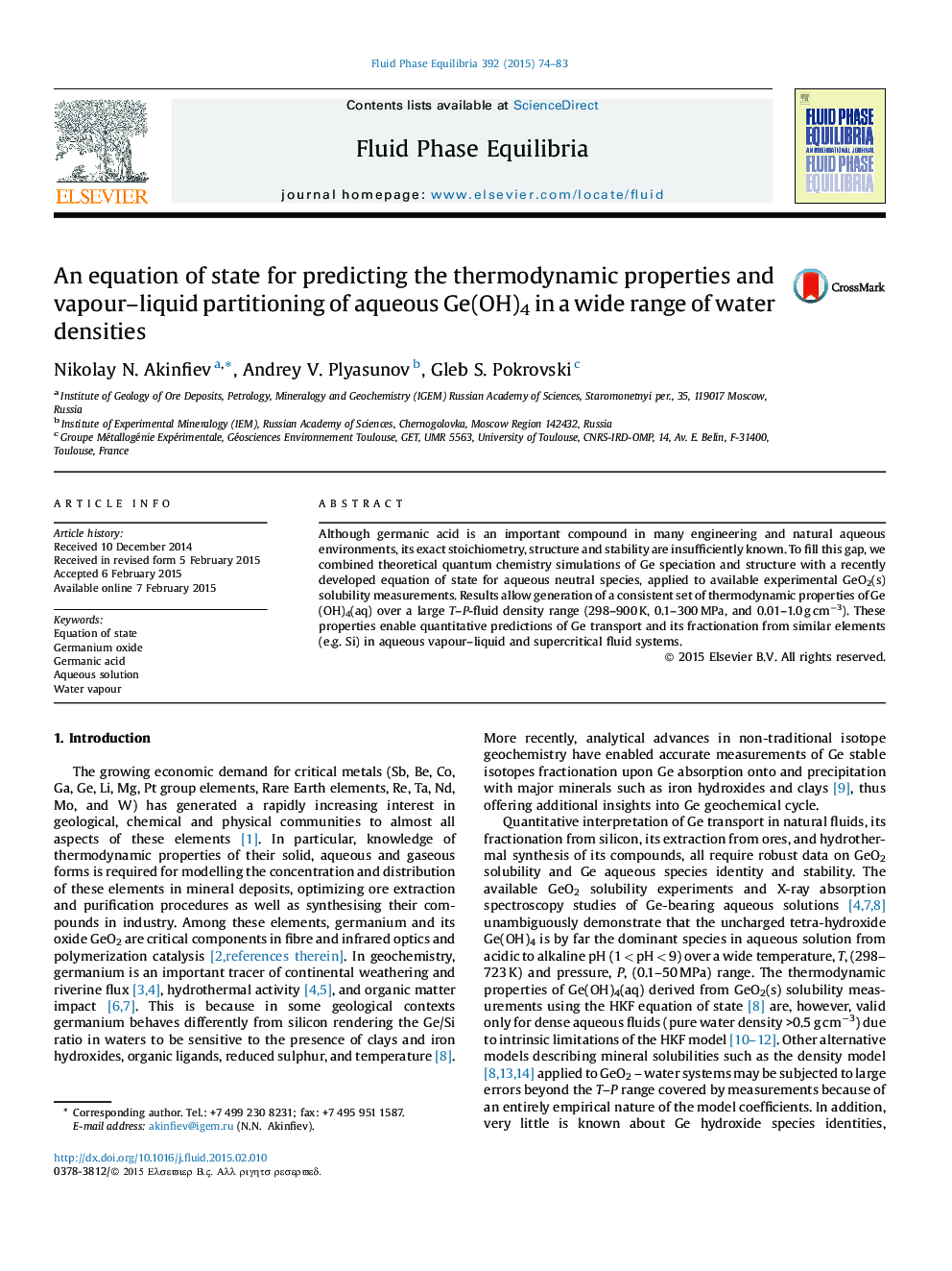 An equation of state for predicting the thermodynamic properties and vapour–liquid partitioning of aqueous Ge(OH)4 in a wide range of water densities