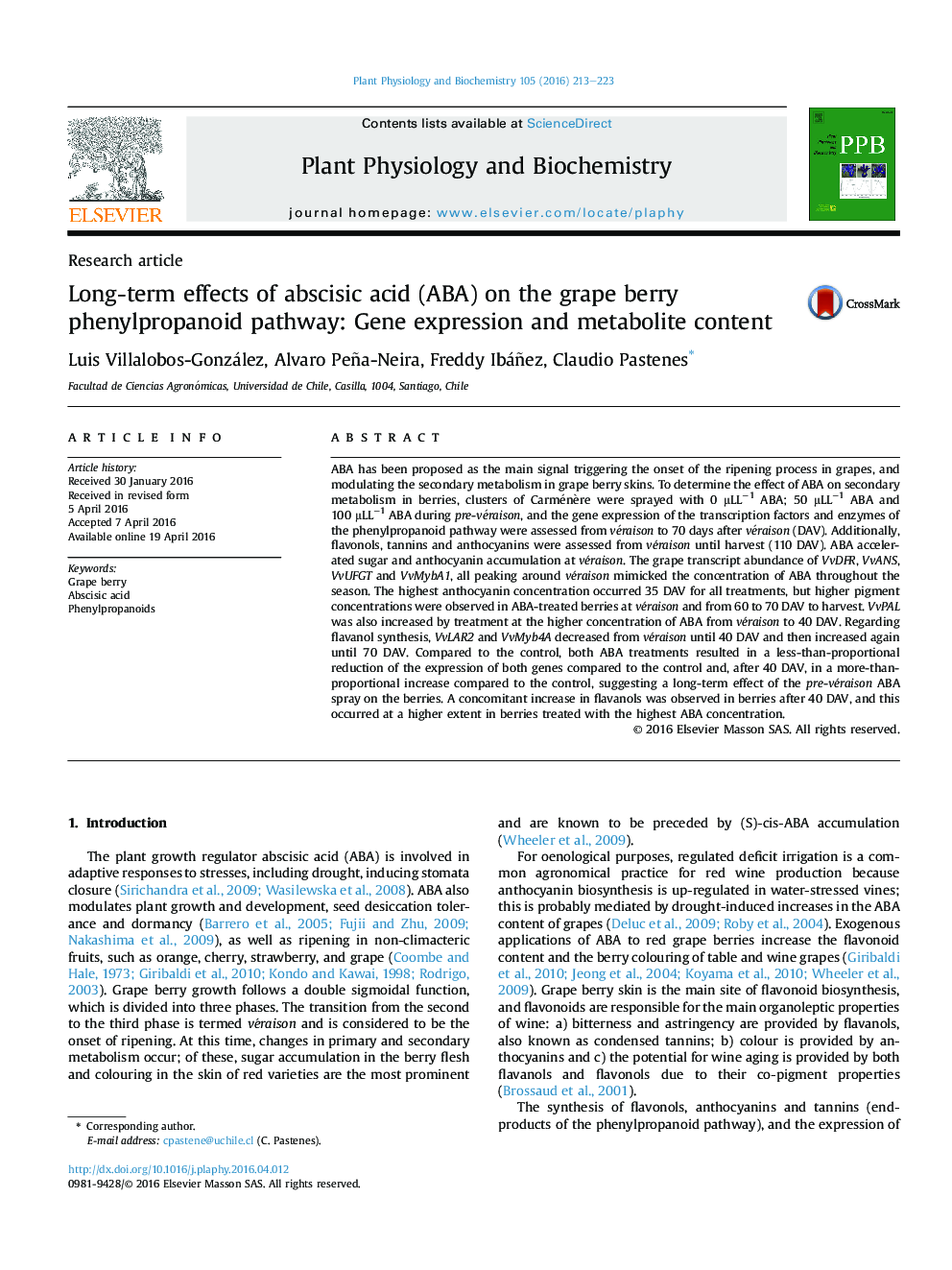 Long-term effects of abscisic acid (ABA) on the grape berry phenylpropanoid pathway: Gene expression and metabolite content