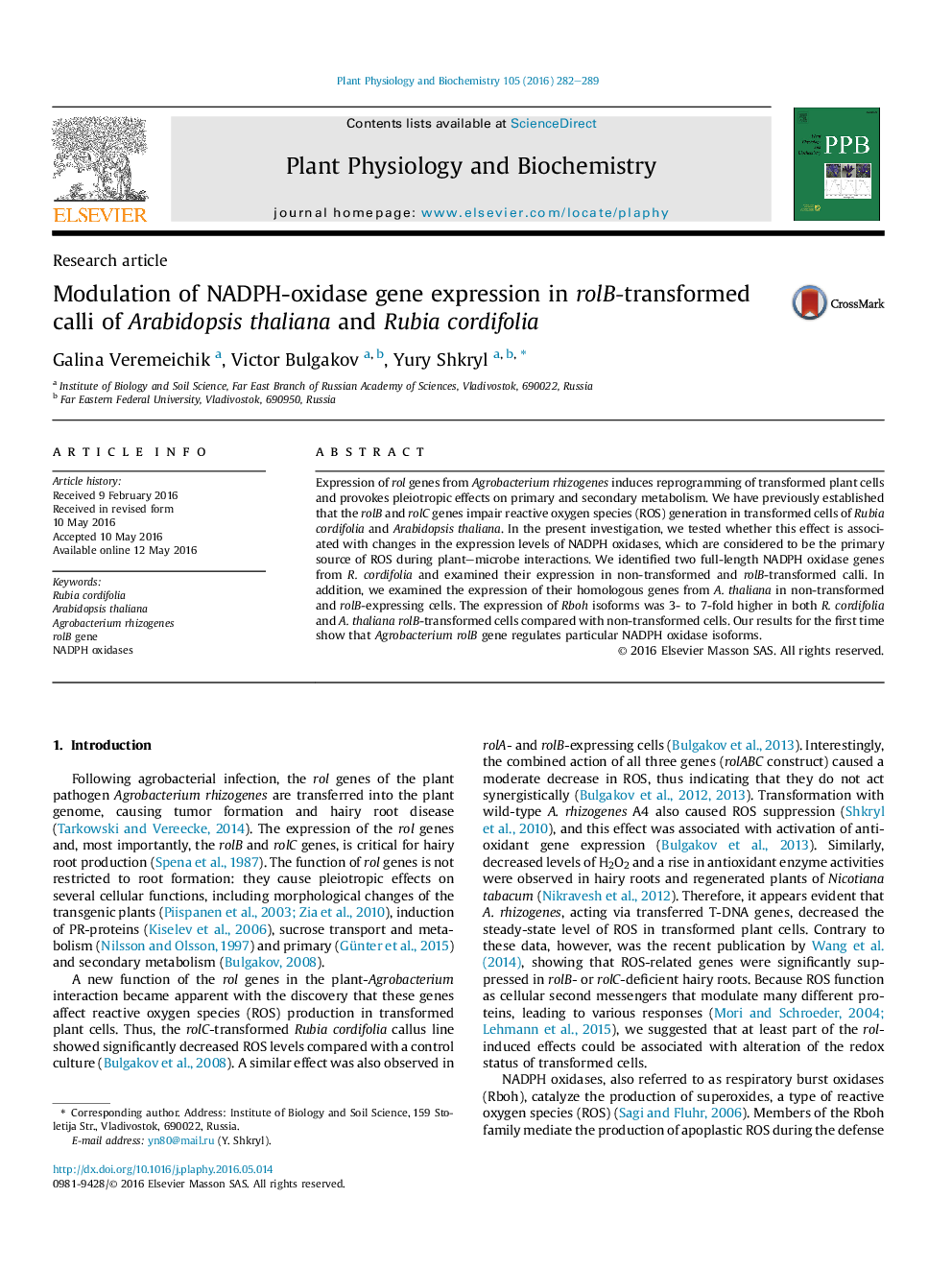 Modulation of NADPH-oxidase gene expression in rolB-transformed calli of Arabidopsis thaliana and Rubia cordifolia