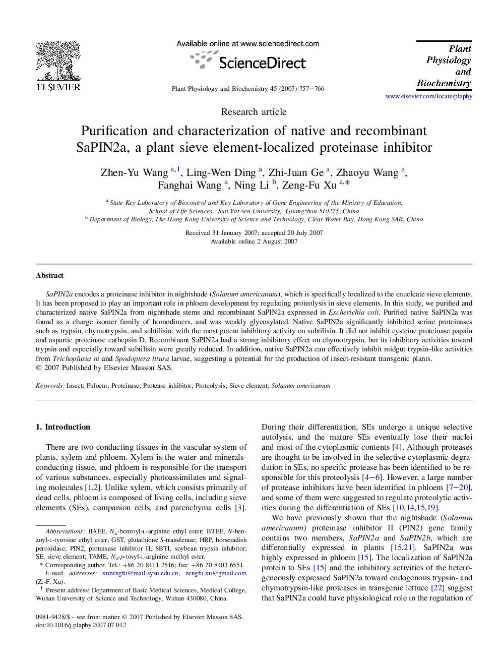 Purification and characterization of native and recombinant SaPIN2a, a plant sieve element-localized proteinase inhibitor