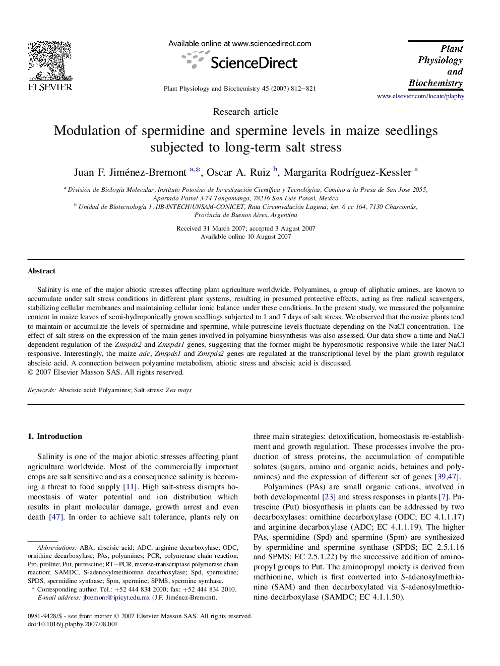 Modulation of spermidine and spermine levels in maize seedlings subjected to long-term salt stress