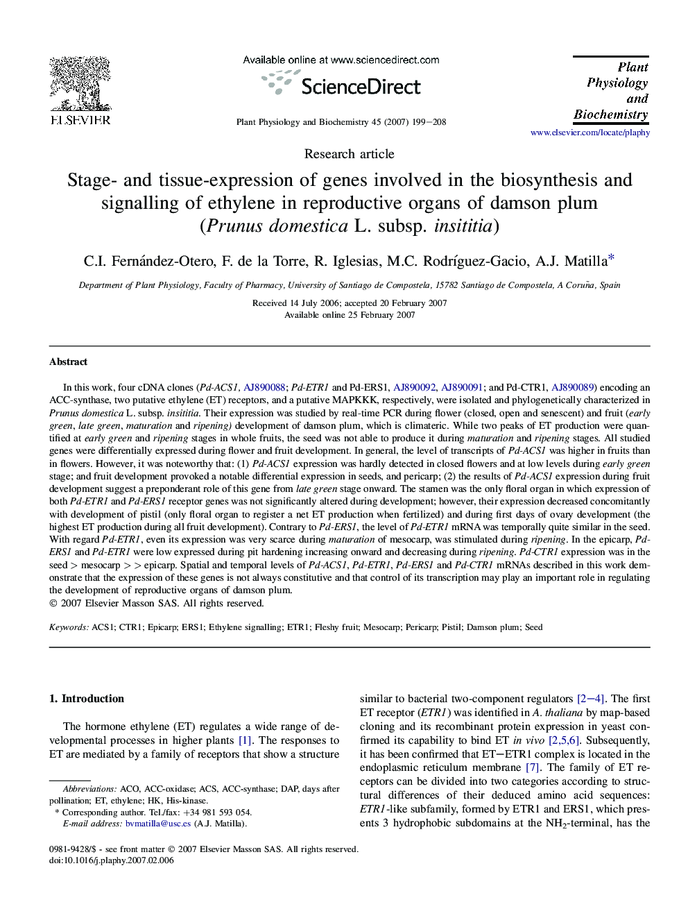 Stage- and tissue-expression of genes involved in the biosynthesis and signalling of ethylene in reproductive organs of damson plum (Prunus domestica L. subsp. insititia)