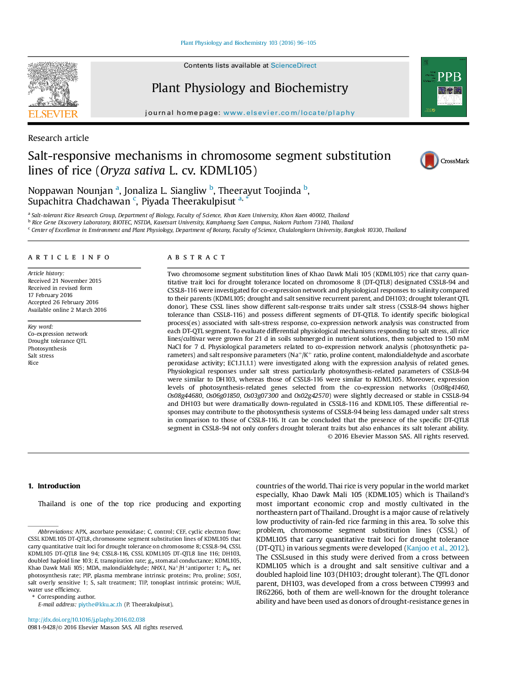 Salt-responsive mechanisms in chromosome segment substitution lines of rice (Oryza sativa L. cv. KDML105)