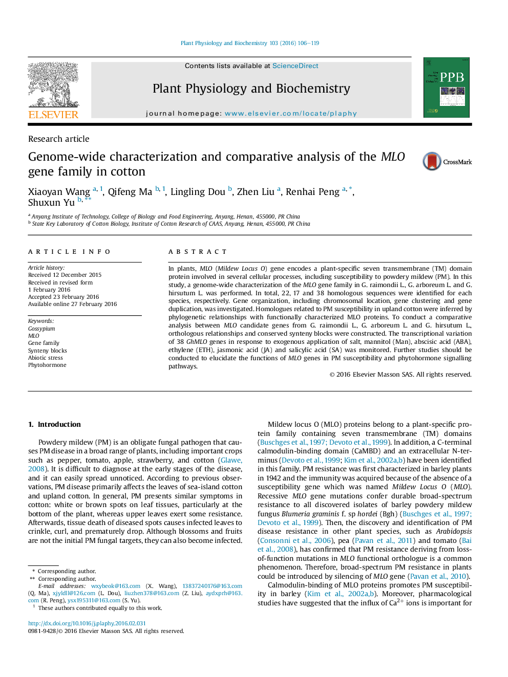 Genome-wide characterization and comparative analysis of the MLO gene family in cotton