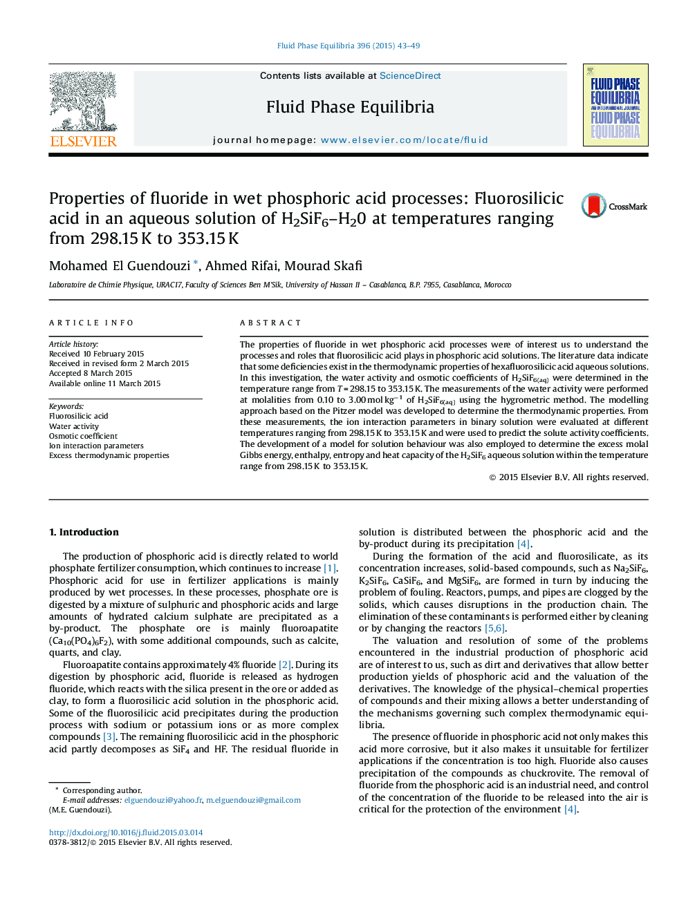 Properties of fluoride in wet phosphoric acid processes: Fluorosilicic acid in an aqueous solution of H2SiF6–H20 at temperatures ranging from 298.15 K to 353.15 K