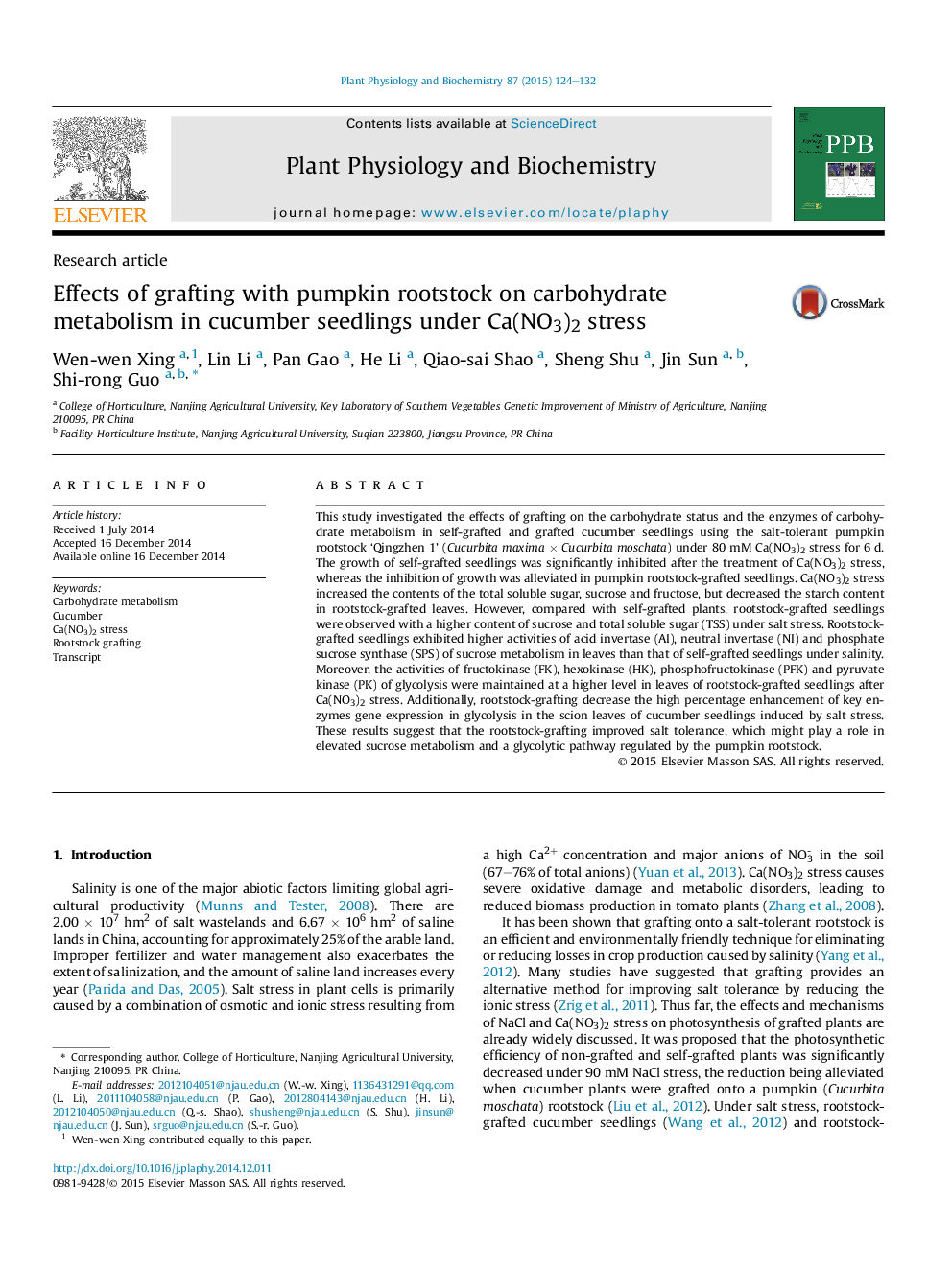 Effects of grafting with pumpkin rootstock on carbohydrate metabolism in cucumber seedlings under Ca(NO3)2 stress