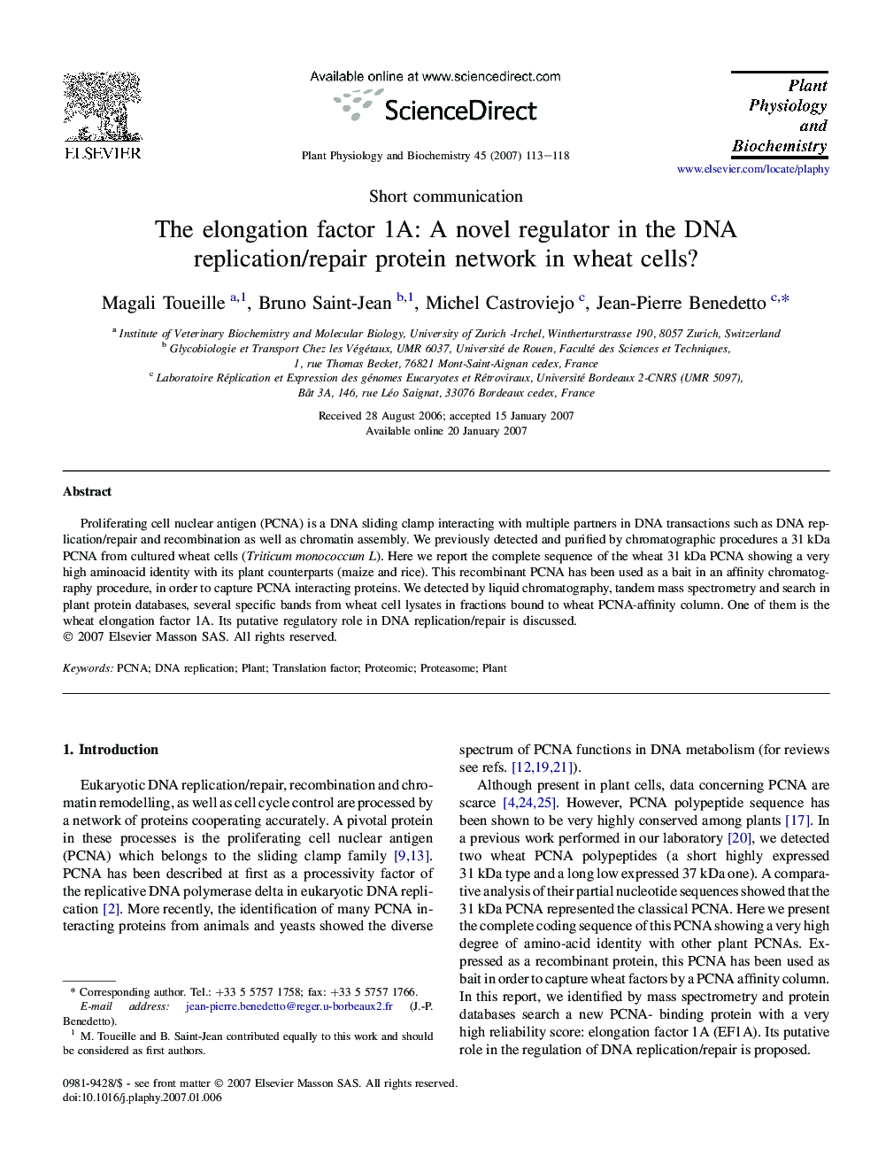 عکس صفحه اول مقاله: The elongation factor 1A: A novel regulator in the DNA replication/repair protein network in wheat cells? The elongation factor 1A: A novel regulator in the DNA replication/repair protein network in wheat cells?