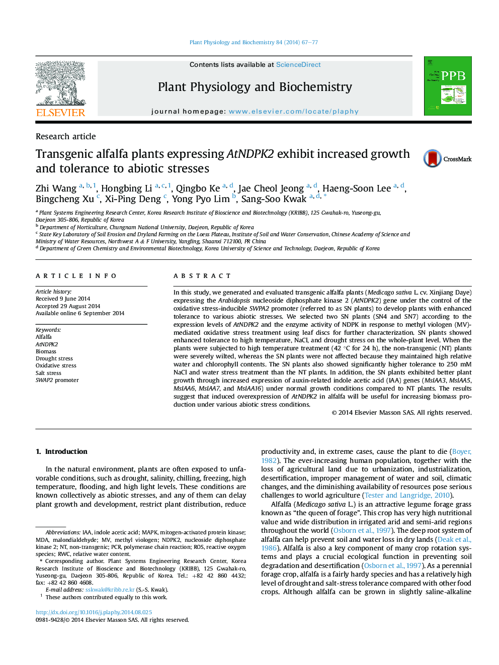 Transgenic alfalfa plants expressing AtNDPK2 exhibit increased growth and tolerance to abiotic stresses