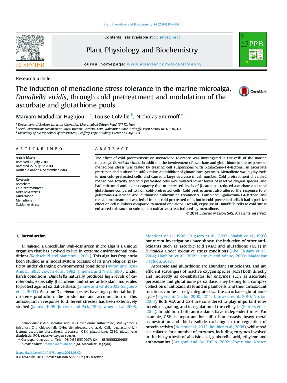The induction of menadione stress tolerance in the marine microalga, Dunaliella viridis, through cold pretreatment and modulation of the ascorbate and glutathione pools