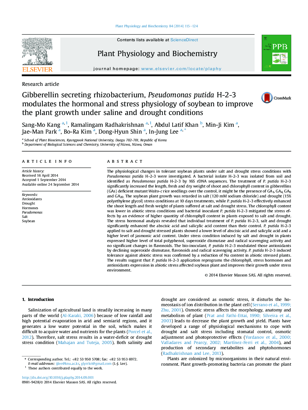 عکس صفحه اول مقاله: Gibberellin secreting rhizobacterium, Pseudomonas putida H-2-3 modulates the hormonal and stress physiology of soybean to improve the plant growth under saline and drought conditions Gibberellin secreting rhizobacterium, Pseudomonas putida H-2-3 modulates the hormonal and stress physiology of soybean to improve the plant growth under saline and drought conditions