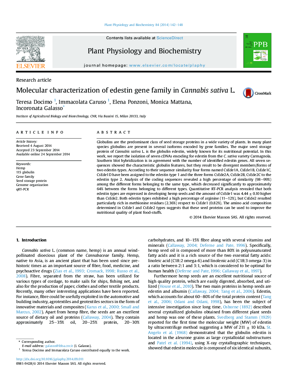 Research articleMolecular characterization of edestin gene family in Cannabis sativa L.