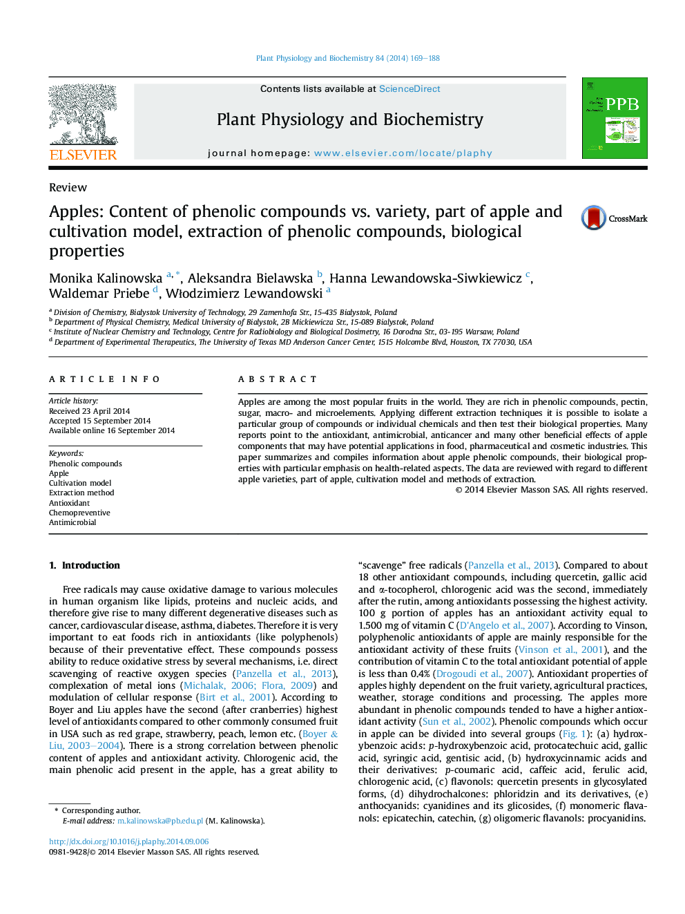 Apples: Content of phenolic compounds vs. variety, part of apple and cultivation model, extraction of phenolic compounds, biological properties