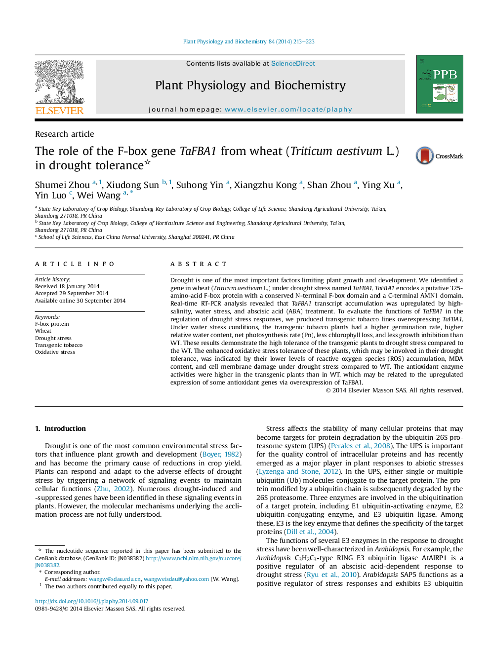 The role of the F-box gene TaFBA1 from wheat (Triticum aestivum L.) in drought tolerance 