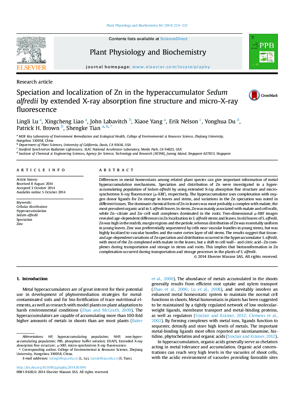 Speciation and localization of Zn in the hyperaccumulator Sedum alfredii by extended X-ray absorption fine structure and micro-X-ray fluorescence