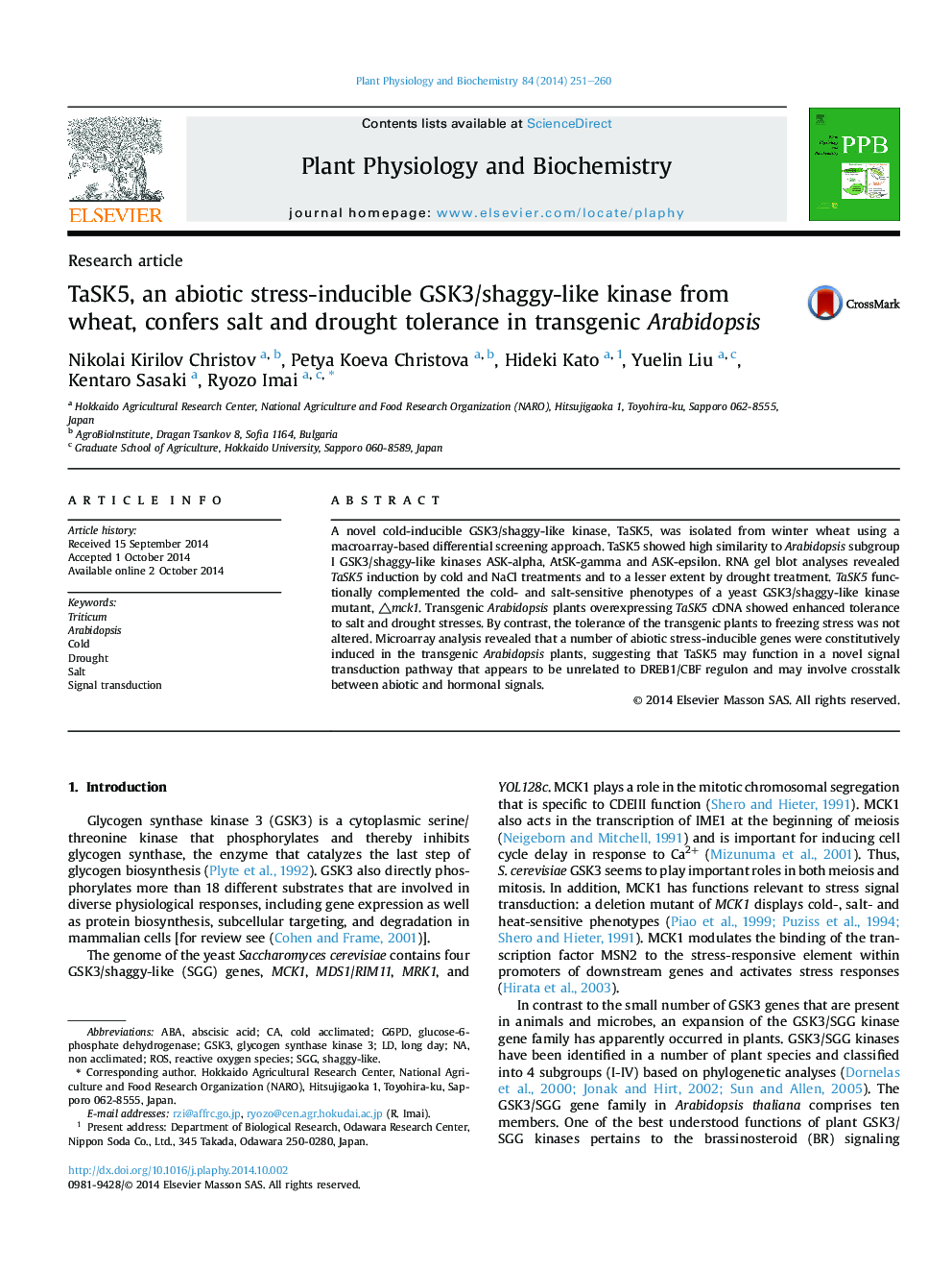 TaSK5, an abiotic stress-inducible GSK3/shaggy-like kinase from wheat, confers salt and drought tolerance in transgenic Arabidopsis