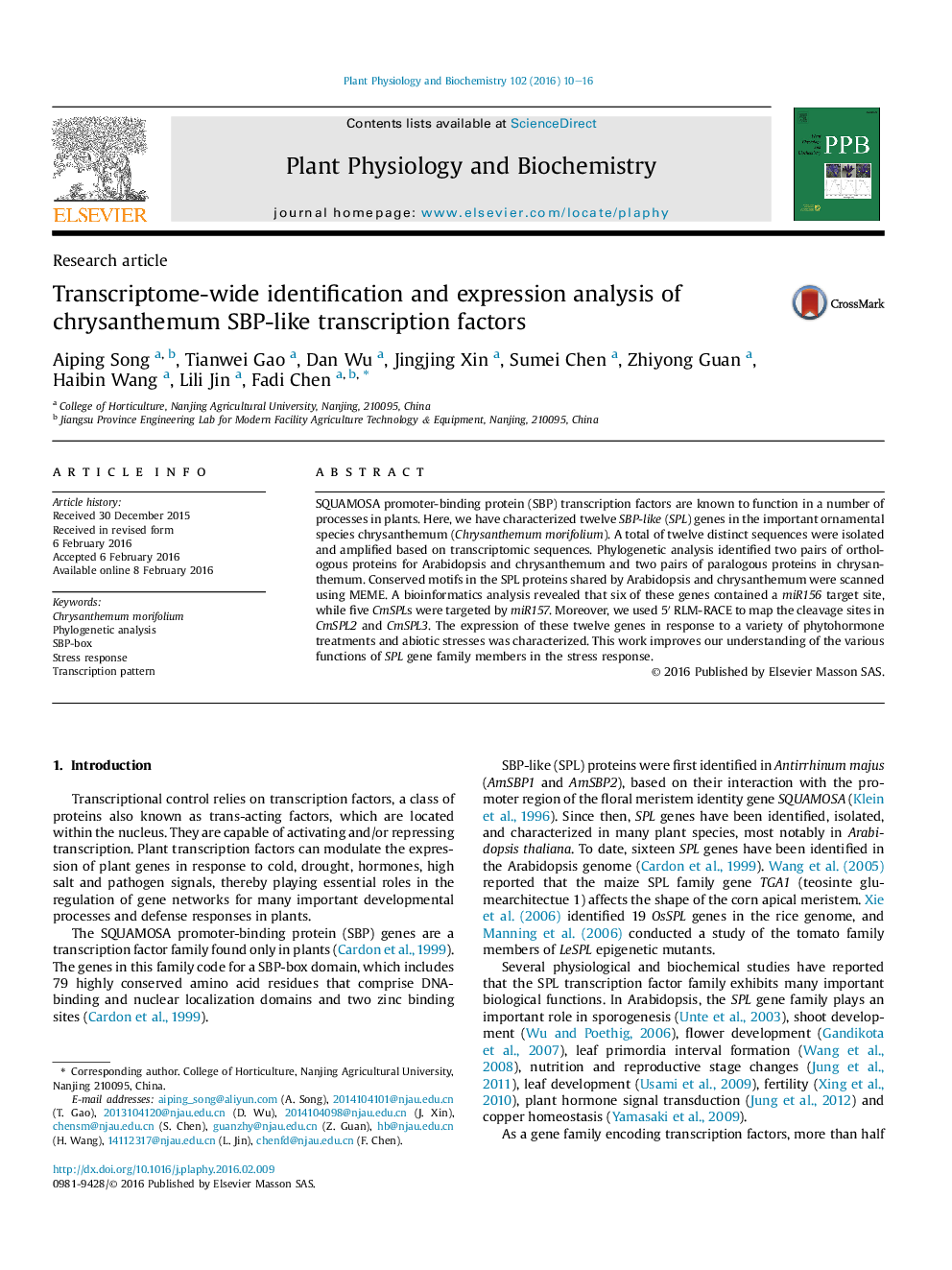 Transcriptome-wide identification and expression analysis of chrysanthemum SBP-like transcription factors