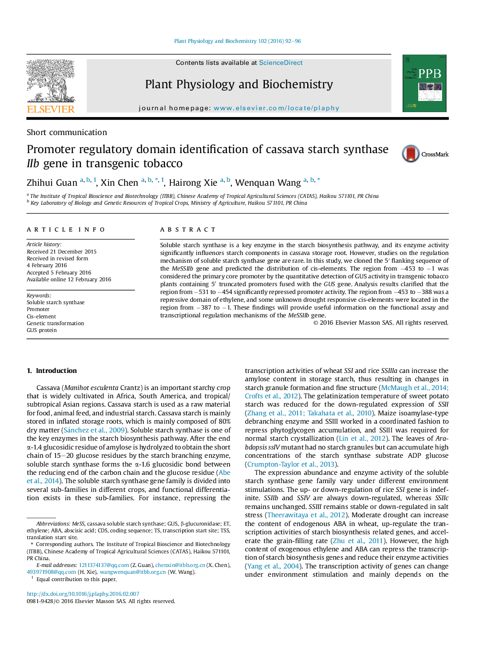 Promoter regulatory domain identification of cassava starch synthase IIb gene in transgenic tobacco