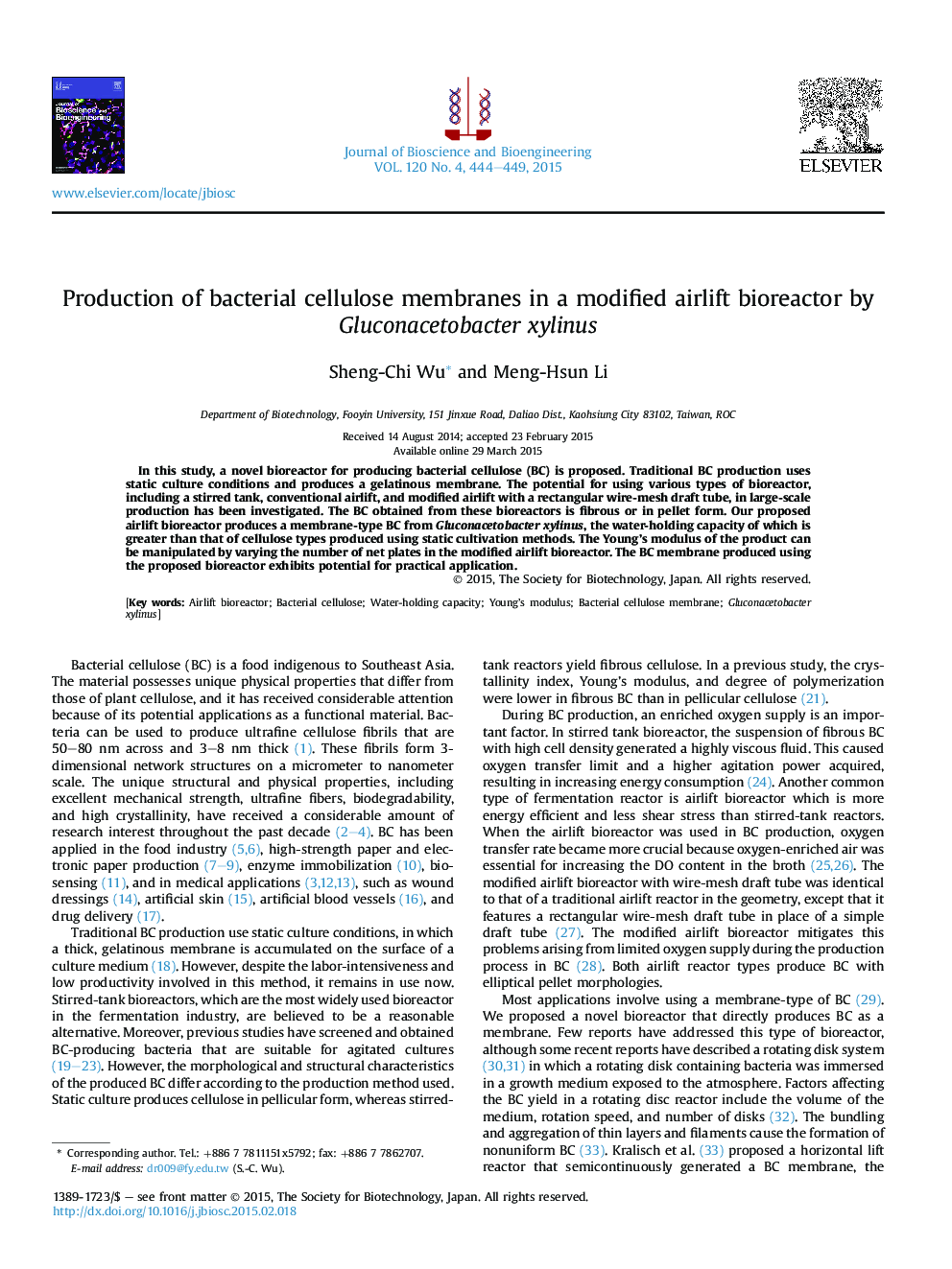 Production of bacterial cellulose membranes in a modified airlift bioreactor by Gluconacetobacter xylinus