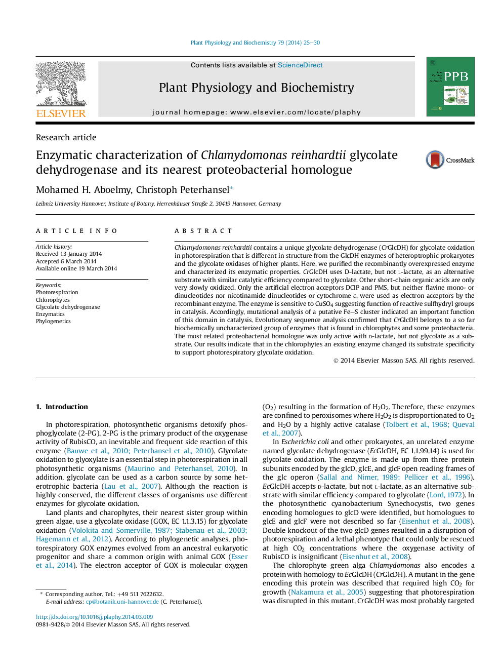 Enzymatic characterization of Chlamydomonas reinhardtii glycolate dehydrogenase and its nearest proteobacterial homologue