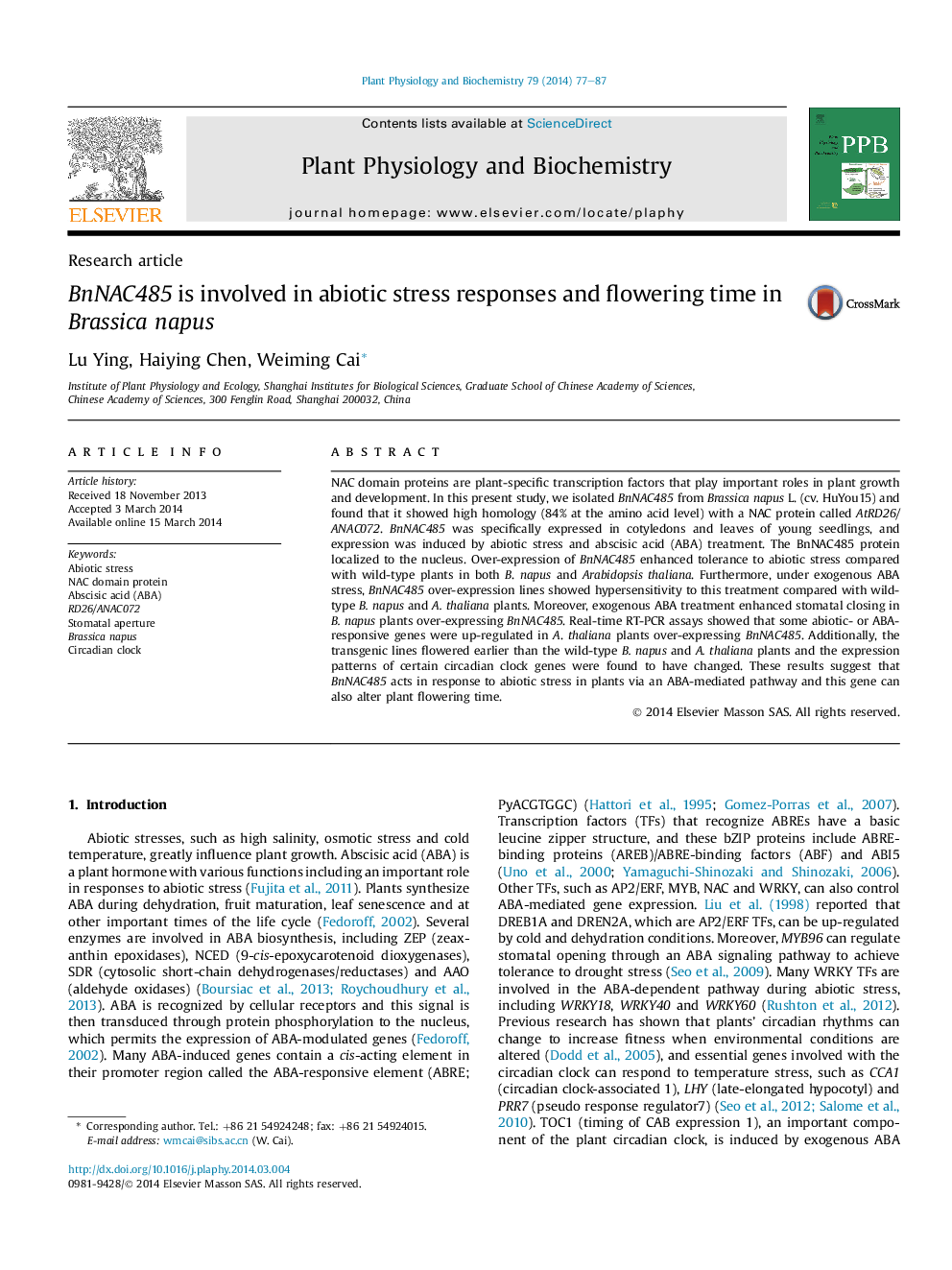 BnNAC485 is involved in abiotic stress responses and flowering time in Brassica napus