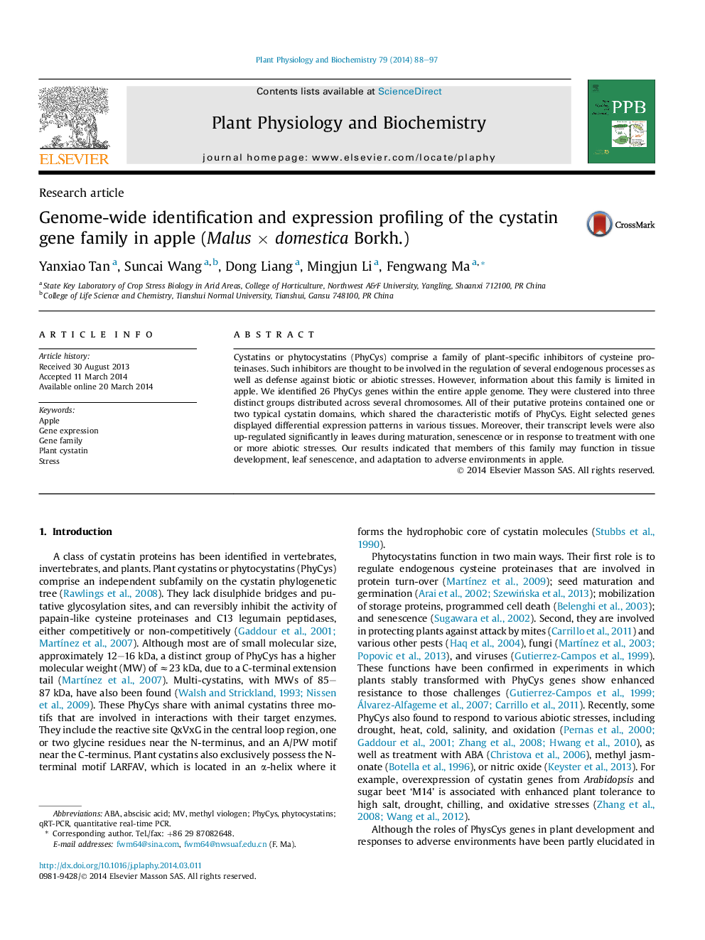 Genome-wide identification and expression profiling of the cystatin gene family in apple (MalusÂ ÃÂ domestica Borkh.)