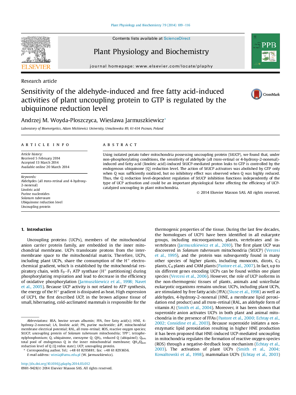 Sensitivity of the aldehyde-induced and free fatty acid-induced activities of plant uncoupling protein to GTP is regulated by the ubiquinone reduction level