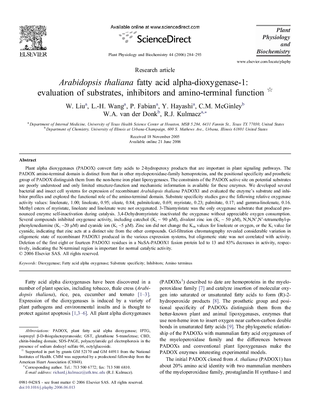 ArabidopsisÂ thaliana fatty acid alpha-dioxygenase-1: evaluation ofÂ substrates, inhibitors andÂ amino-terminal function