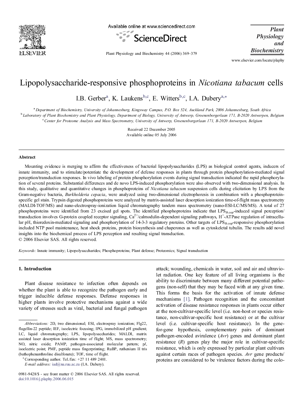 Lipopolysaccharide-responsive phosphoproteins in Nicotiana tabacum cells