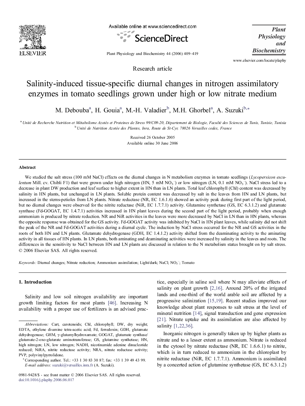 Salinity-induced tissue-specific diurnal changes in nitrogen assimilatory enzymes in tomato seedlings grown under high or low nitrate medium