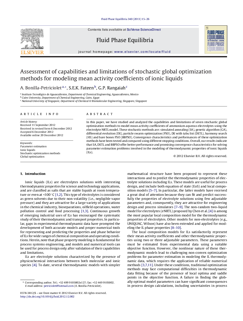 Assessment of capabilities and limitations of stochastic global optimization methods for modeling mean activity coefficients of ionic liquids