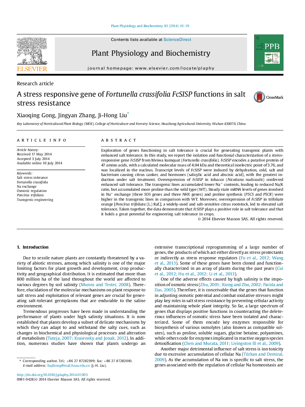 A stress responsive gene of Fortunella crassifolia FcSISP functions in salt stress resistance