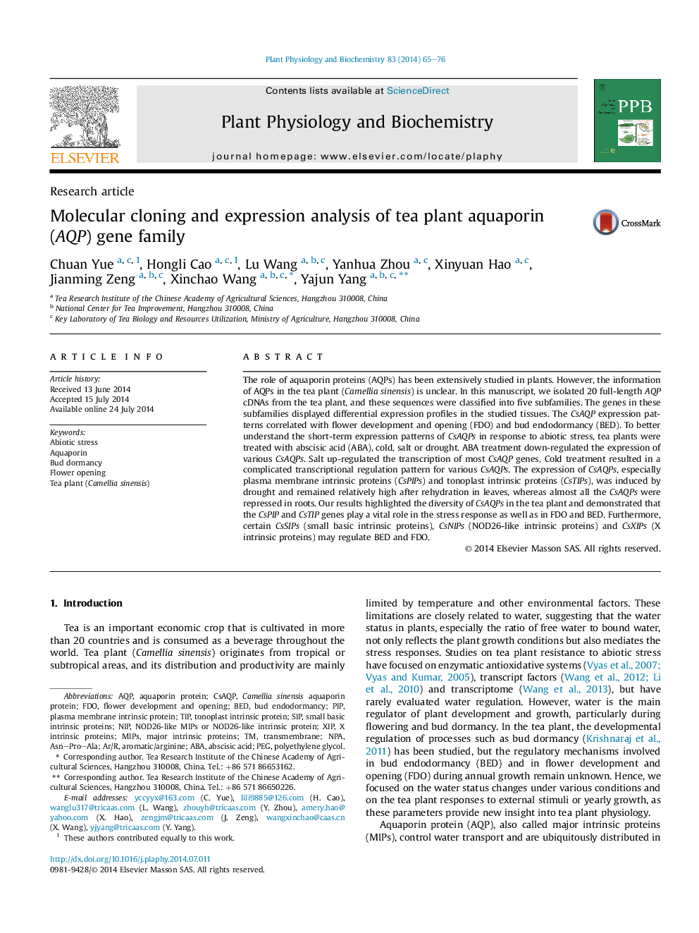 Molecular cloning and expression analysis of tea plant aquaporin (AQP) gene family