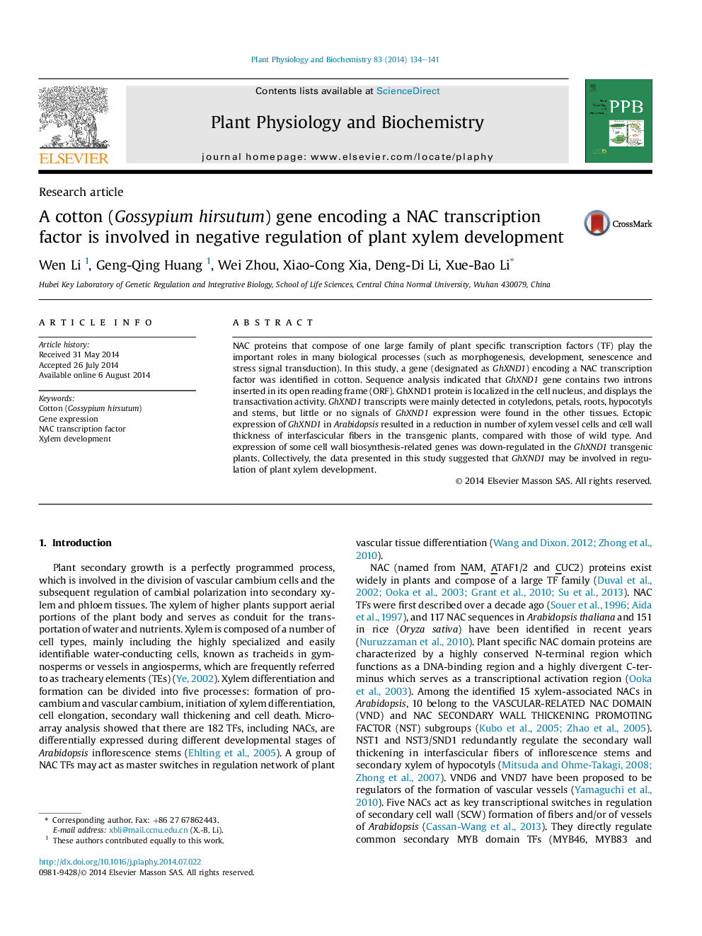 A cotton (Gossypium hirsutum) gene encoding a NAC transcription factor is involved in negative regulation of plant xylem development