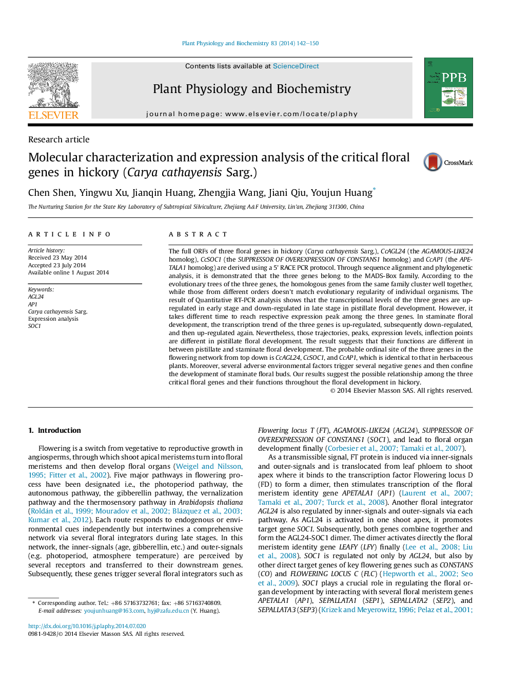 Molecular characterization and expression analysis of the critical floral genes in hickory (Carya cathayensis Sarg.)