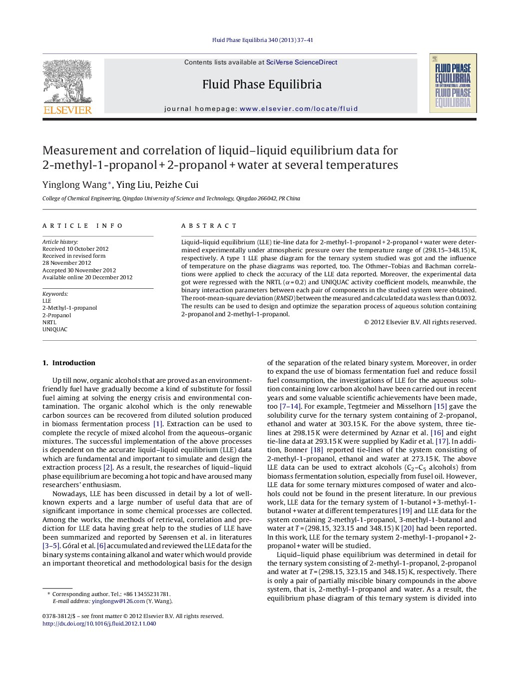 Measurement and correlation of liquid–liquid equilibrium data for 2-methyl-1-propanol + 2-propanol + water at several temperatures