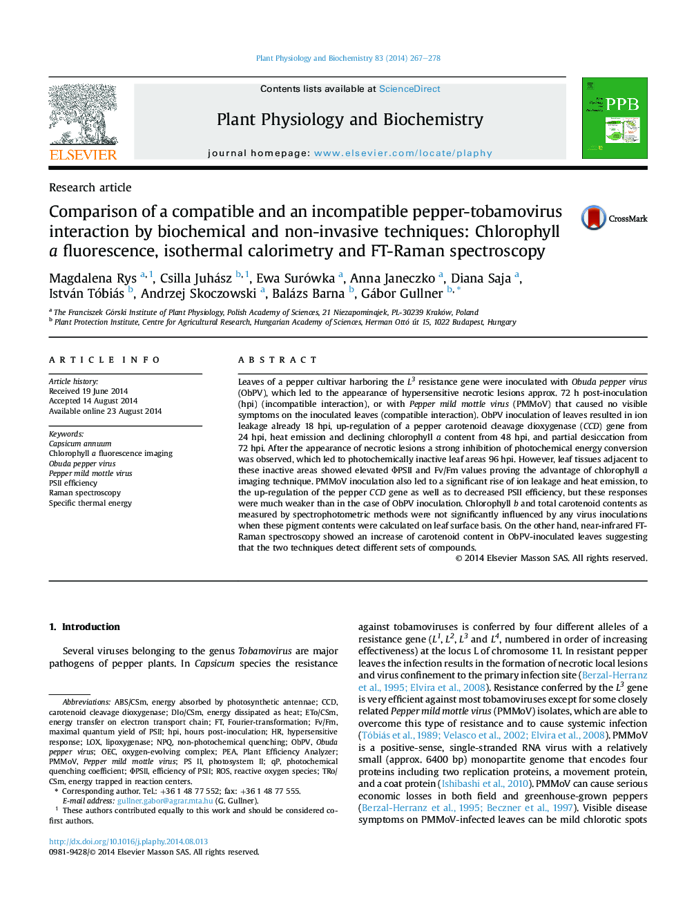 Comparison of a compatible and an incompatible pepper-tobamovirus interaction by biochemical and non-invasive techniques: Chlorophyll a fluorescence, isothermal calorimetry and FT-Raman spectroscopy