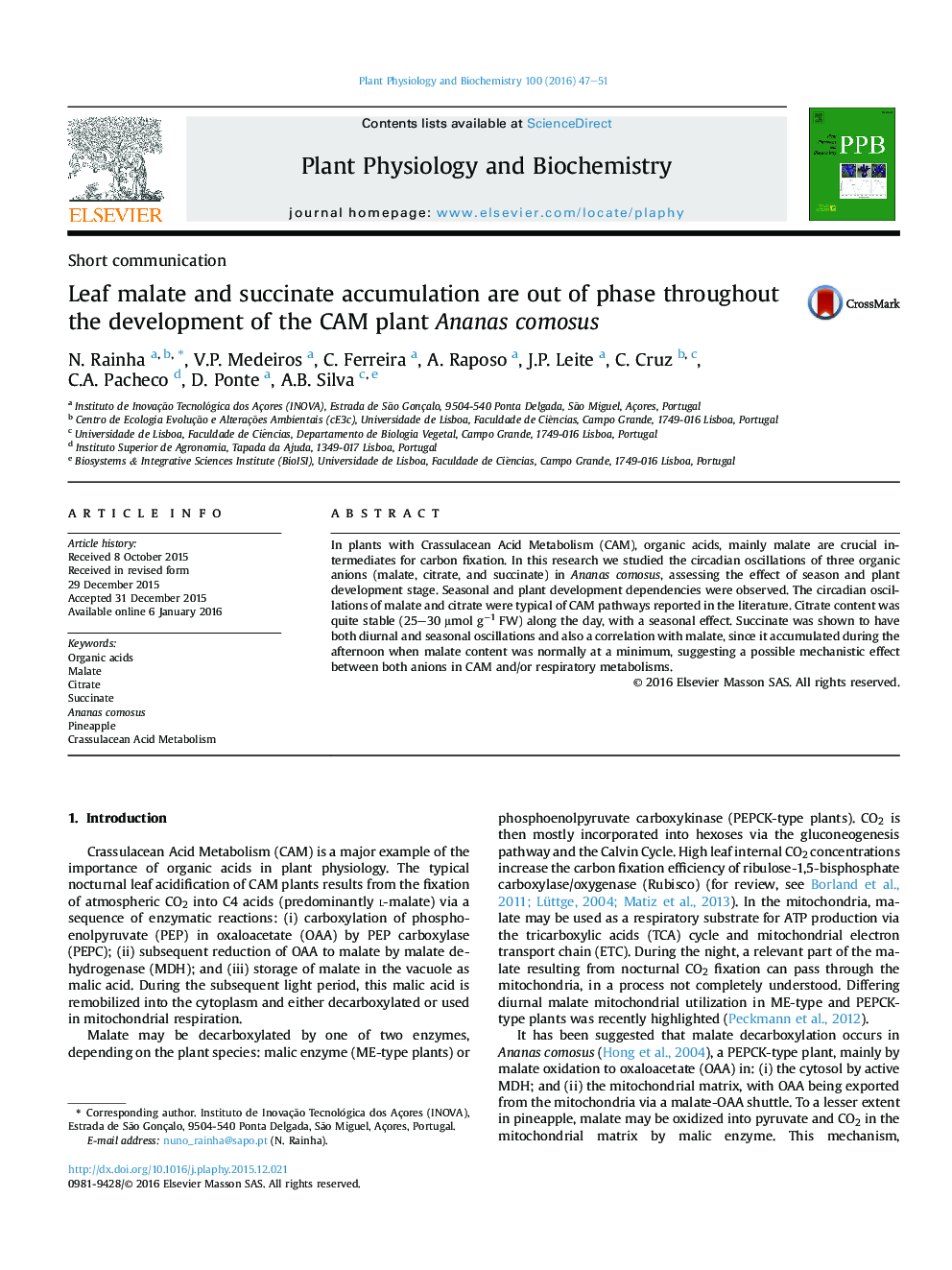 Leaf malate and succinate accumulation are out of phase throughout the development of the CAM plant Ananas comosus