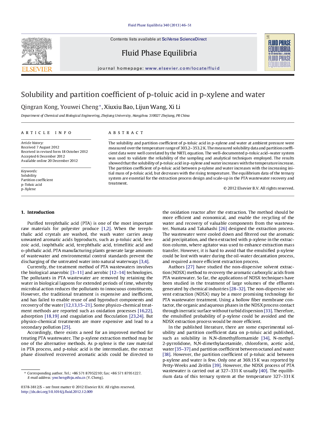 Solubility and partition coefficient of p-toluic acid in p-xylene and water