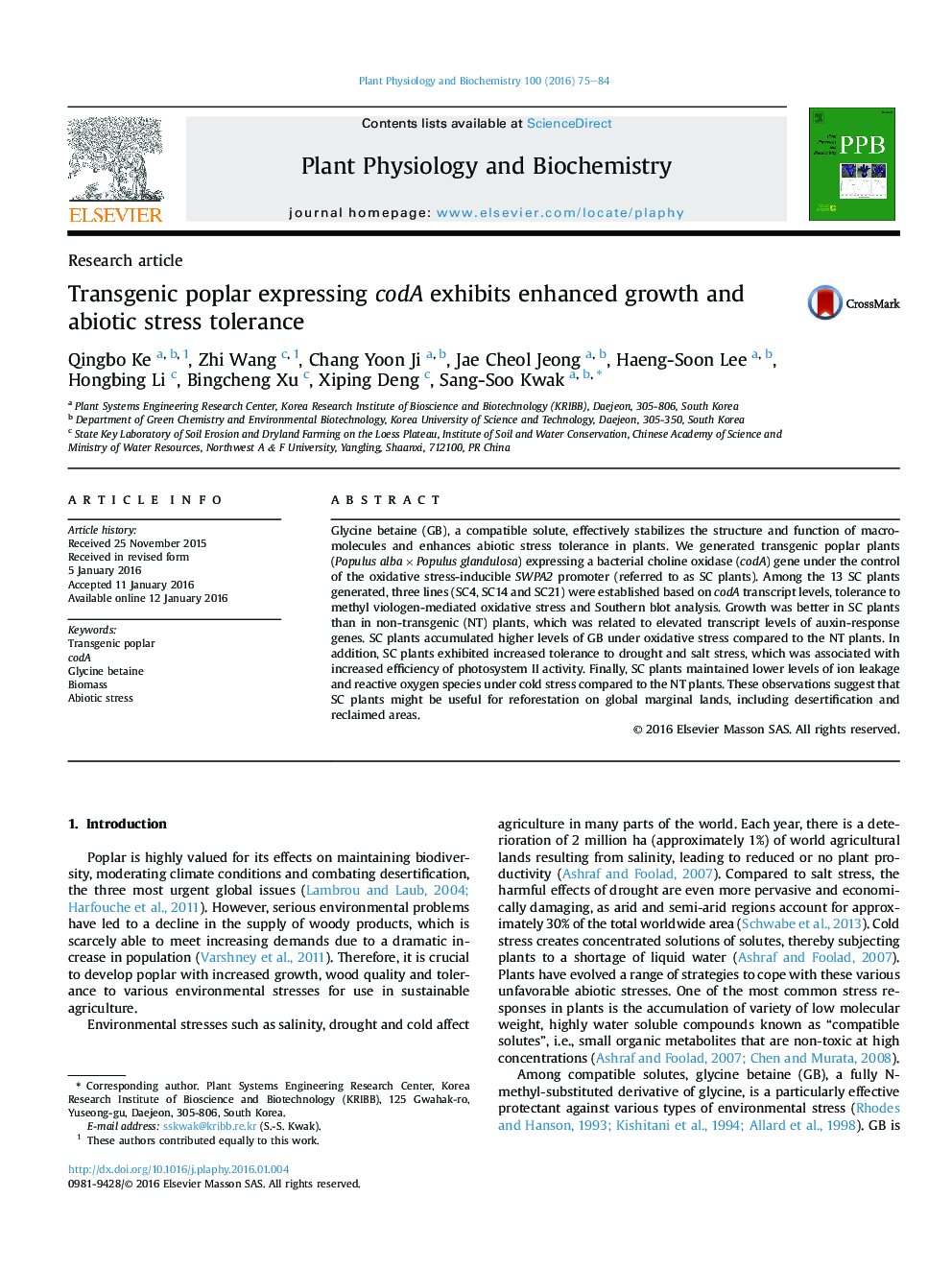 Transgenic poplar expressing codA exhibits enhanced growth and abiotic stress tolerance