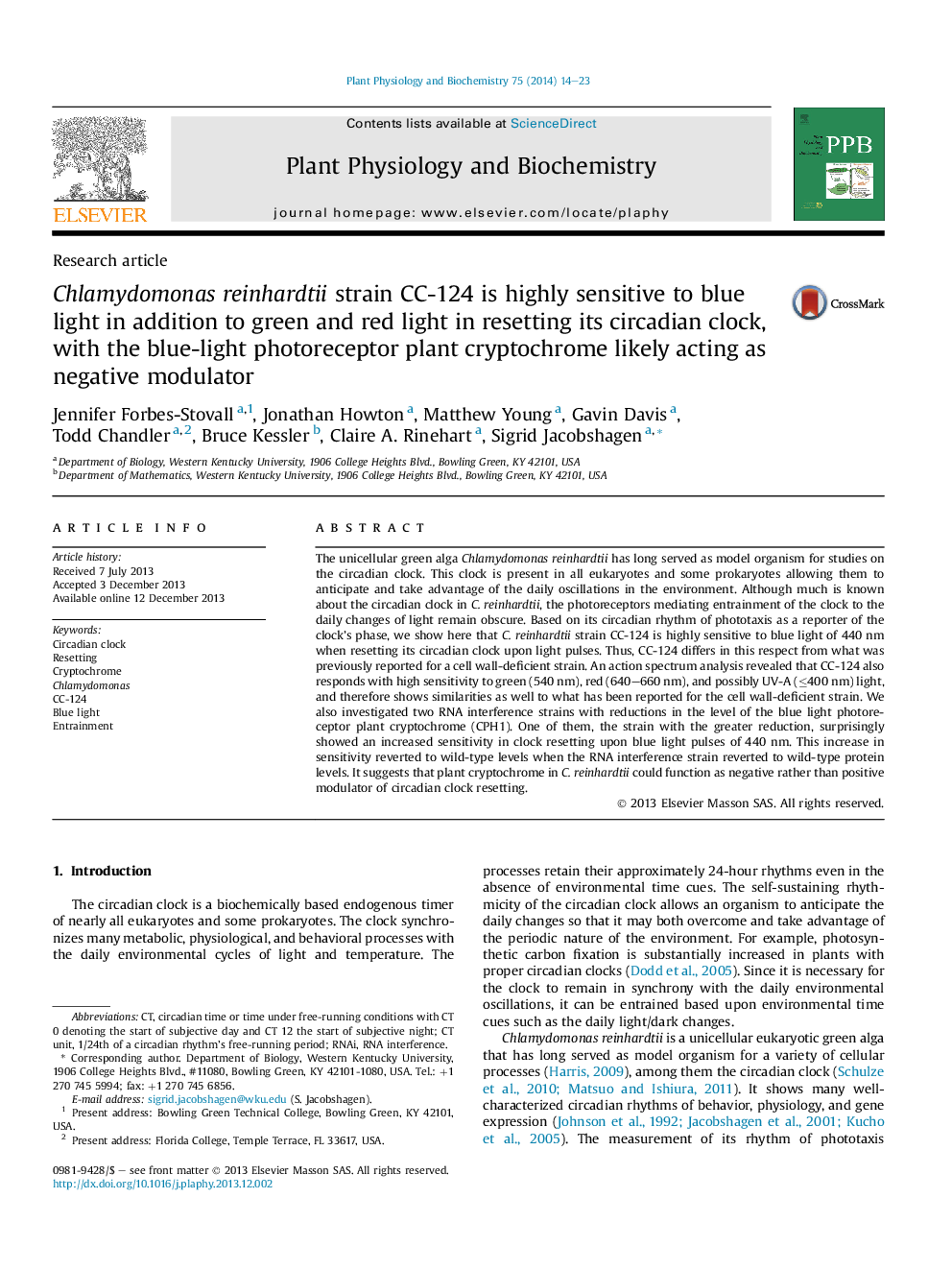 Chlamydomonas reinhardtii strain CC-124 is highly sensitive to blue light in addition to green and red light in resetting its circadian clock, with the blue-light photoreceptor plant cryptochrome likely acting as negative modulator