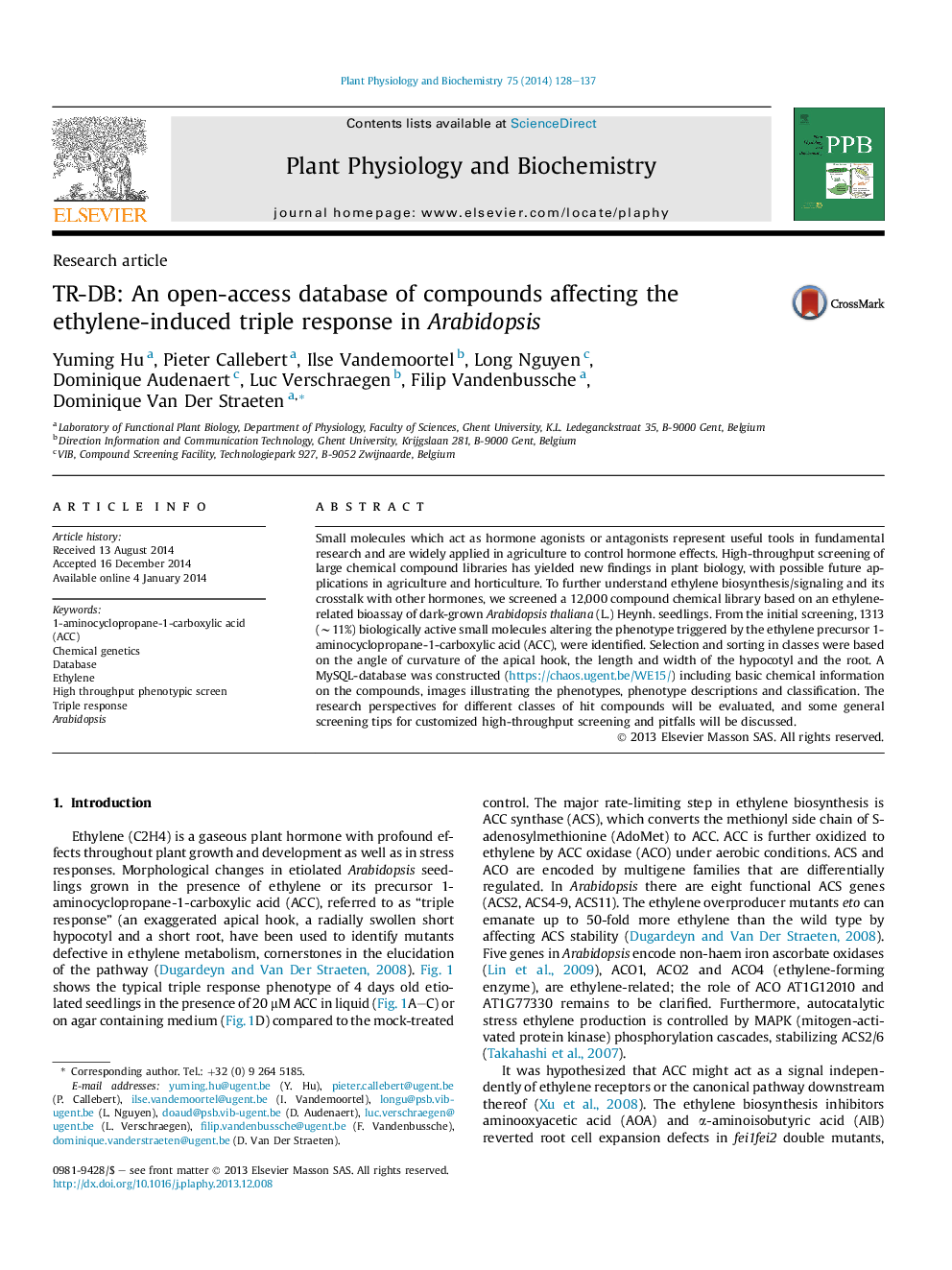 TR-DB: An open-access database of compounds affecting the ethylene-induced triple response in Arabidopsis