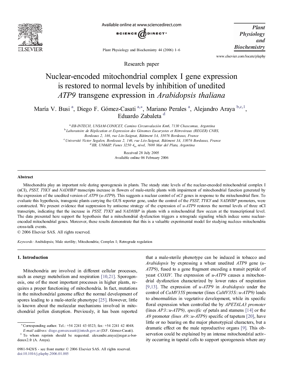 Nuclear-encoded mitochondrial complex I gene expression is restored to normal levels by inhibition of unedited ATP9 transgene expression in Arabidopsis thaliana