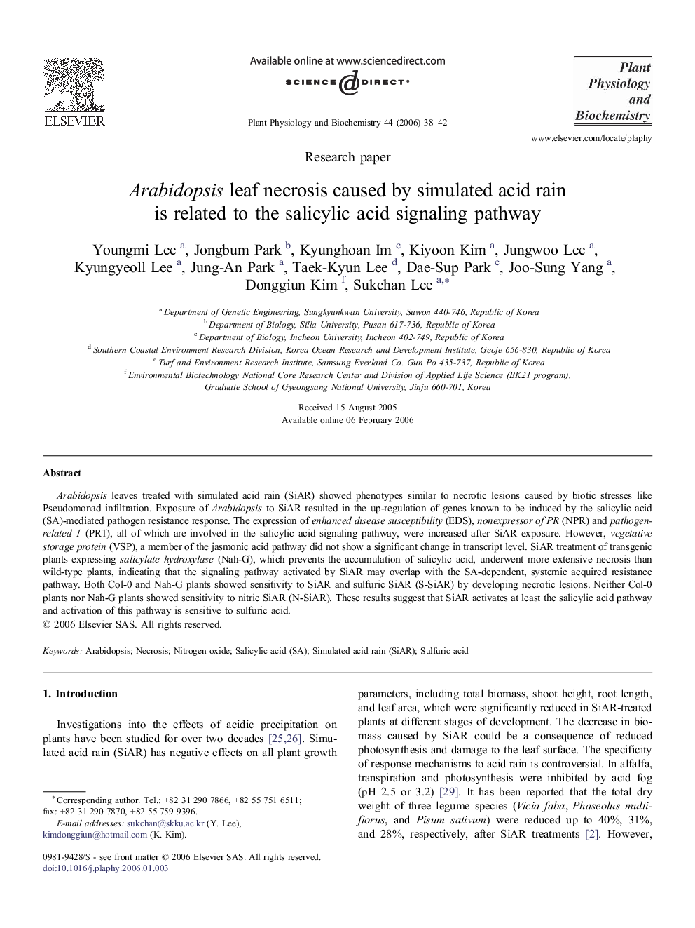 Arabidopsis leaf necrosis caused byÂ simulated acid rain is related toÂ theÂ salicylic acid signaling pathway